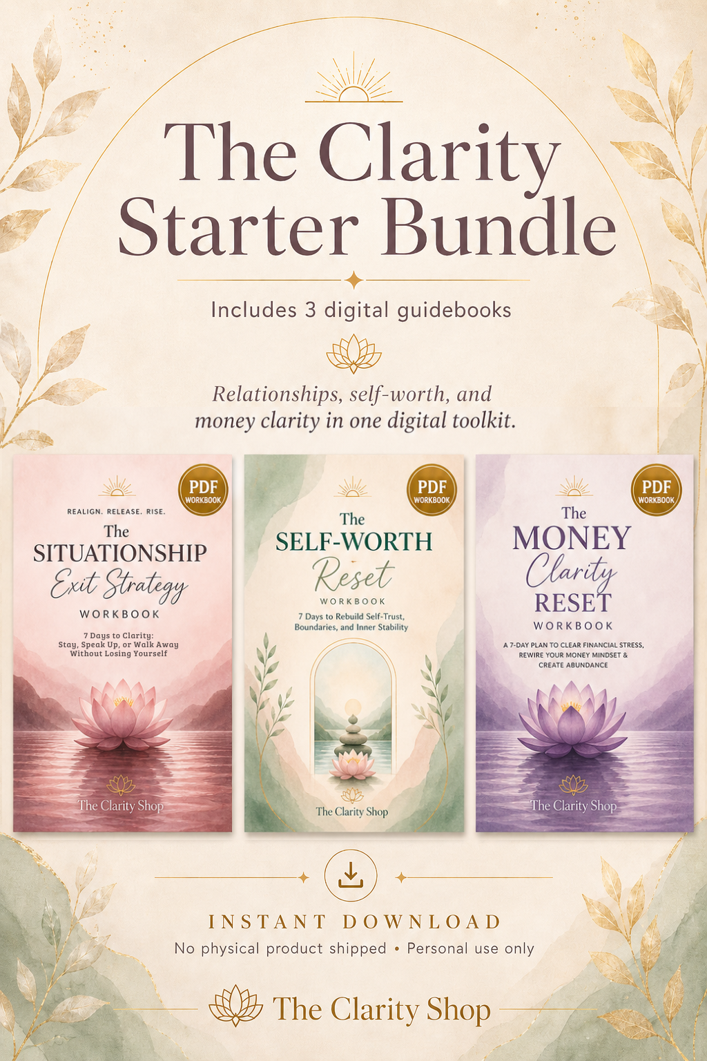 Cover of The Clarity Starter Bundle, three guided digital workbooks for relationships, self-worth, and money clarity